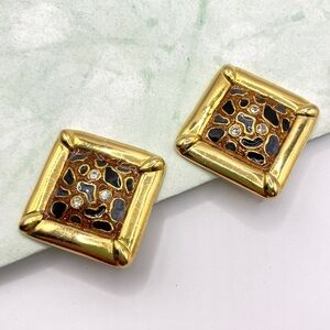 Chunky Gold Square Clip-On Earrings Black Orange Rhinestones Vintage